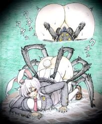 1girls 2d arachnid ass ass_up blush bottomless bunny_ears bunny_girl bunny_tail censored cunnilingus female female_focus gritted_teeth insects interspecies long_hair mosaic_censoring no_panties p-man-daikaku prone purple_hair rape red_eyes reisen_udongein_inaba restrained restrained_arms restrained_legs shoes skirt skirt_lift spider stuck suit suit_and_tie thighhighs tie tongue touhou traditional_media_(artwork) web webbed_feet webbed_hands