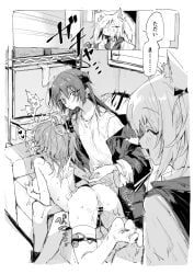 3girls absurdres angel animal_ears arknights bar_censor blush breasts censored closed_eyes commentary_request controller exusiai_(arknights) exusiai_the_new_covenant_(arknights) female fox_ears fox_girl greyscale halo heart highres horns jacket long_hair medium_breasts monochrome mostima_(arknights) multiple_girls na_tarapisu153 no_shoes open_mouth pussy pussy_juice remote_control shirt sora_(arknights) thigh_strap thighhighs translation_request walk-in yuri