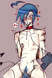 2boys artist_request bite_marks blood_stain blue_hair bruised censored cuntboy digital_media_(artwork) funamusea gay heart intersex leash male male_only roc_hijohshiki source_request tied_arms tied_arms_behind_back unknown_male