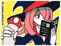 1girls animated book censored censored_penis clothed female female_focus female_only flipnote flipnote_studio handjob linkerlewds little_witch_academia mushroom pale_skin phallic_reference pink_hair reading_book red_eyes sexually_suggestive small_breasts solo solo_focus sucy_manbavaran witch witch_hat