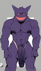ai_generated balls big_pecs evil_grin full_balls gengar huge_cock jockstrap looking_at_viewer male muscular penis pokemon pokemon_(species) pubic_hair standing