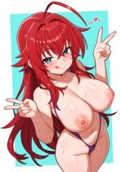 :q absurdres ahoge aqua_eyes border breasts clothing_aside crossed_bangs double_v female fingernails from_above grin heart high_school_dxd highleg highleg_one-piece_swimsuit highres large_breasts long_hair looking_at_viewer moursho navel nipples one-piece_swimsuit purple_slingshot_swimsuit red_hair rias_gremory sidelocks slingshot_swimsuit smile stomach sweat swimsuit swimsuit_aside tongue tongue_out v very_long_hair white_border