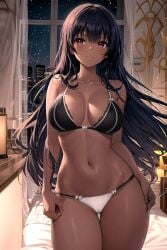 ai-created ai_generated bangs bare_arms bare_shoulders bed bedroom black_bra black_clothes black_hair black_panties black_underwear blush bra breasts cameltoe clavicle cleavage closed_mouth clothing cowboy_shot curtains dark-skinned_female dark_skin female female female_only high_resolution indoors lamp large_breasts latina lingerie long_hair looking_at_viewer navel night night_sky on_bed original pantsu pillow portrait purple_eyes red_eyes rena_aikawa_(pixiv_user) sky smile solo standing star_(sky) starry_sky stomach thigh_gap thighs underwear underwear_only very_long_hair white_bra white_panties white_underwear window