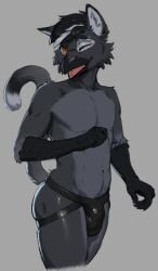 anthro avian bird black_hair clothing corvid corvus_(genus) crow eye_markings fur grey_body grey_fur gryphon hair hi_res jockstrap looking_at_viewer male markings multicolored_body mythological_avian mythological_creature mythology one_eye_closed orange_eyes oreobird oreos_(oreobird) oscine passerine scuted_arms scutes sheath_bulge solo two_tone_body underwear wink winking_at_viewer