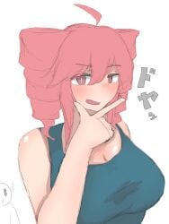 big_breasts black_tank_top breasts cleavage hand_on_head kasane_teto large_breasts long_hair looking_at_viewer open_mouth red_eyes red_hair tank_top tanktop wasanpon_ama