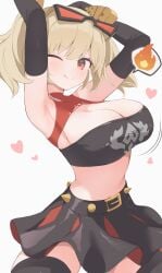 1girls armpits armwear big_breasts black_gloves black_skirt blonde_hair bottomwear breasts burnice_white cleavage elbow_gloves female female_only flame gloves hair hair_ornament headwear heart heart hone_kawa huge_breasts legwear motion_lines one_eye_closed red_eyes skirt smile solo solo_female speech_bubble sunglasses sunglasses_on_head thighs tongue tongue_out topwear tubetop twintails wink zenless_zone_zero