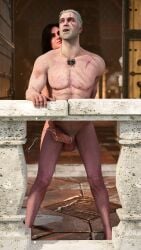 1boy 1girls 3d anal ass_grab astex balcony black_hair cock_ring cum cumshot dominant_female female femdom from_behind geralt_of_rivia handjob handjob_from_behind implied_futa implied_penetration implied_strap-on malesub nude reach_around scars standing_sex submissive_male the_witcher_(series) white_hair yennefer
