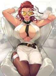 2d busty capcom cleavage crimson_viper female female_focus female_only hourglass_figure long_hair milf pinup pinup_pose red_hair seed01010 street_fighter street_fighter_6 tan tan_body tan_skin tan_skinned_female wide_hips