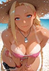 ai_generated alternate_version_at_source beach bikini bikini_bottom bikini_top blue_eyes breasts cammy_white female happy hat hypet long_hair looking_at_viewer medium_breasts muscular muscular_female pink_bikini shiny shiny_skin street_fighter street_fighter_6 summer tagme tanned tanned_body tanned_female tanned_skin thick_legs thick_thighs thighs upper_body white_hair