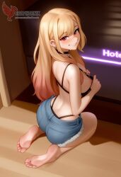 1girls 2d ai_generated ass big_ass big_breasts bikini_top breasts cutoffs denim_shorts erophoenix female female_focus full_body gyaru kitagawa_marin looking_at_viewer looking_back nude pale_skinned_female patreon_username smile solo solo_female sono_bisque_doll_wa_koi_wo_suru sweat swimsuit thick thick_thighs uncensored