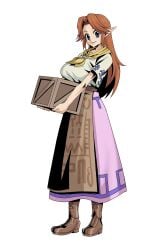1girls beautiful big_breasts blue_eyes boots bowser_brooch breasts brooch crate cremia dress elf elf_ears farmgirl female holding_object large_breasts light-skinned_female light_skin long_hair looking_at_viewer majora's_mask nintendo pointy_ears red_hair smile the_legend_of_zelda