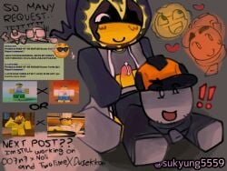 !! 2boys beard before_sex blocky_body bottomless brown_hair builderman builderman_(forsaken) cloak english_text forsaken_(roblox) gay grey_skin grin hand_on_hip hard_hat heart heart_symbol hood_up male male/male male_only nervous_smile on_all_fours one_eye_covered open_mouth precum precum_drip precum_on_penis request requested roblox shadow_over_eyes shedletsky shedletsky_(forsaken) smiling square_crossover sukyung5559 surprised telamon turtleneck turtleneck_sweater yaoi yellow_skin zipper_pull_tab