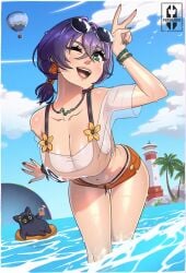 1girls artist_request beach belle_(summer_skies)_(zenless_zone_zero) belle_(zenless_zone_zero) breasts cleavage female female_focus female_only highres large_breasts light-skinned_female light_skin looking_at_viewer official_alternate_costume see-through see-through_clothing short_shorts shorts solo thick_thighs thighs wide_hips zenless_zone_zero