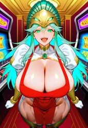 1girls ai_generated big_breasts big_thighs blue_eyes breasts casino civitai cleavage fate/grand_order fate_(series) female female_focus female_only green_eyes green_hair huge_breasts kukulkan_(fate) large_breasts large_thighs light-skinned_female light_skin long_hair solo thick_thighs thighs