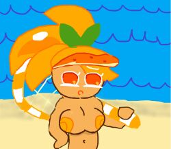 beach caramelpearl_(artist) cookie_run cookie_run_kingdom cookie_run_ovenbreak nude orange_cookie orange_eyes orange_hair tagme tennis_racket