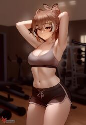 1girls 2d ai_generated ass barefeet big_ass breasts brown_hair erophoenix feet female female_focus full_body gym hairclip hololive hololive_english hololive_english_-council- hololive_english_-promise- indoors looking_at_viewer medium_breasts nanashi_mumei navel patreon_username short_shorts shorts solo solo_female sports_bra sweat thick thick_thighs toes uncensored virtual_youtuber vtuber