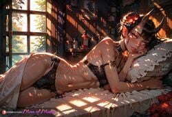 ai_generated bangs black_bikini black_hair black_lingerie black_thong blush bulge bulge_through_clothing bulge_under_clothes eye_contact female flaccid flaccid_penis futanari hair_flower hair_ornament in_bed intersex lingerie makeup manofmidas on_side oni oni_female oni_horns penis samurai yellow_eyes