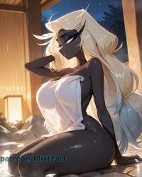 1girls ai_generated big_breasts breasts breasts_bigger_than_head cute cute_face female female_focus hazbin_hotel highres horny horny_female hot_spring large_breasts larger_female mature_female mixteart monster monster_girl night onsen patreon pleasure_face sera_(hazbin_hotel) sitting smile smiley_face thick thick_female thick_thighs thighs towel towel_wrap watermark wet wet_body wet_skin