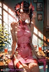 ai_generated areola_slip bangs black_hair blush blush hair_flower hair_ornament kimono makeup manofmidas on_table oni oni_female oni_horns pink_dress pink_kimono restaurant samurai sideboob smiling smiling_at_partner smiling_at_viewer yellow_eyes