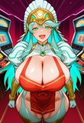 1girls ai_generated big_breasts big_thighs blue_eyes breasts casino civitai cleavage fate/grand_order fate_(series) female female_focus female_only green_eyes green_hair huge_breasts kukulkan_(fate) large_breasts large_thighs light-skinned_female light_skin long_hair solo thick_thighs thighs