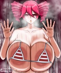 1girls 2d 2d_(artwork) against_glass against_surface against_wall amrak areola_slip areolae big_breasts bikini bikini_top bikini_top_removed breasts breasts_bigger_than_head eyelashes female female_only gigantic_breasts glass_wall huge_breasts kasane_teto large_areolae large_breasts massive_areolae massive_breasts red_eyes red_hair solo solo_female steam steaming_body top_heavy twin_drills utau