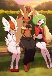 ai_generated cinderace clothed_female_nude_male embarrassed embarrassed_nude_male erection female gardevoir lopunny male nintendo nude outdoors penis pokemon
