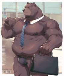 2025 anthro asian_clothing bear belly big_belly black_clothing black_fundoshi black_underwear blush clothing east_asian_clothing eyewear fundoshi glasses hi_res japanese_clothing kemono male mammal moobs musclegut muscular necktie nipples overweight overweight_male rudolph_trnd solo underwear