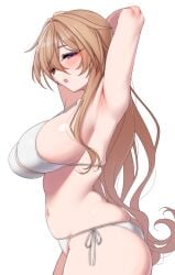 1girls :o absurdres armpits arms_behind_head bikini breasts brown_hair female highres konoe_kanata large_breasts long_hair love_live! love_live!_nijigasaki_high_school_idol_club nasuno_(nasuno42) navel open_mouth purple_eyes side-tie_bikini_bottom simple_background solo swimsuit white_background white_bikini