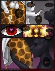 amber_(eliana-asato) anthro balls black_body black_fur black_nose bodily_fluids bottomless breasts clothed clothing comic cum dialogue digital_media_(artwork) eliana-asato english_text felid feline fur genital_fluids genitals giraffe giraffid glowing group heart_eyes heart_symbol hi_res jen_(eliana-asato) lynx male mammal markings matt_(eliana-asato) nipples nude_male pantherine red_eyes spots spotted_body spotted_fur text trio