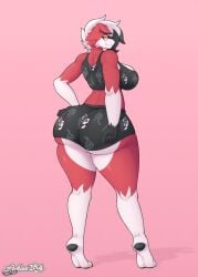 anthro ass big_breasts big_butt breasts canid canine clothed clothing digital_media_(artwork) eyewear female full-length_portrait fur generation_7_pokemon glasses hi_res huge_butt lycanroc lykan284 midnight_lycanroc multicolored_body nintendo pajamas pokemon pokemon_(species) portrait rear_view simple_background solo thick_thighs white_body white_fur wide_hips