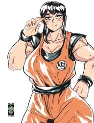 1girls artist_logo big_breasts black_hair busty chichi dragon_ball dragon_ball_z gi killerghost light-skinned_female light_skin milf muscular muscular_female son_goku_(cosplay) white_background