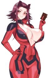 akiza_izinski areola_slip biker_clothes bikesuit bodysuit breasts brown_eyes card commentary_request covered_erect_nipples female female_focus hair_ornament highres holding holding_card izayoi_aki large_breasts partially_unzipped purple_hair red_bodysuit short_hair_with_long_locks simple_background skin_tight smile solo_female volyz white_background yu-gi-oh! yu-gi-oh!_5d's