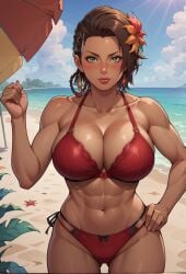 abs ai_generated azucena_milagros_ortiz_castillo bandai_namco big_breasts breasts brown_hair cleavage curvy curvy_female curvy_figure dark-skinned_female dark_skin earrings female flower_in_hair gloves green_eyes hair_ornament latina looking_at_viewer namco office_clothing peruvian peruvian_female pose seductive short_hair solo standing style sweat tan-skinned_female tan_skin tekken tekken_8 video_game_character voluptuous voluptuous_female wide_hips