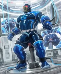 2022 anal anal_sex ankle_cuffs anklecuffs ass biceps blue_clothing blue_gloves blue_handwear blue_skinsuit bodily_fluids bulge clothing cuff_(restraint) detailed_bulge dildo dildo_in_ass dildo_insertion dildo_penetration drooling electronics eyewear fucking_machine gag gagged gagged_drooling gloves goggles green_body green_skin handcuffed handcuffs handwear hi_res humanoid laboratory low-angle_view machine male metal_cuffs monitor muscular muscular_humanoid muscular_male muscular_thighs nipple_outline object_in_ass orc penetration rear_view red_visor restraints saliva sex sex_toy sex_toy_in_ass sex_toy_insertion skinsuit solo standing standing_sex submissive_male takahirosi tight_clothing
