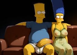 1boy 1girls aged_up ai_generated areola balls_under_clothes bart_simpson blue_hair blush blush_lines breasts_visible_through_clothing cleavage couch duo embarrassed fat_male female highres huge_cock huge_cock incest legs_apart looking_at_partner looking_at_penis male marge_simpson mature_female milf mother_and_child mother_and_son nervous night nightgown nipples penis_out shirt sitting the_simpsons translucent_clothing underwear yellow_skin
