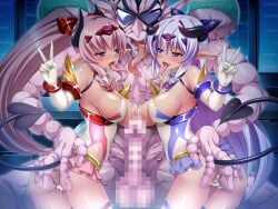 1boy 2girls ass balls bare_shoulders blue_hair blush bow breast_slip breasts censored cum cum_in_pussy cumdrip demon demon_girl demon_horns demon_tail double_v earrings elbow_gloves exs-tia_marina exs-tia_riesz ffm_threesome fingering game_cg ganusgil gloves group_sex hairbow heart heart-shaped_pupils heart_earrings horns interspecies jewelry katsuragi_marina kougyaku_reiki kouyoku_senki_exs-tia large_breasts large_variant_set leotard long_hair long_tongue magical_girl monster mosaic_censoring multiple_girls nipples non-web_source official_art one_breast_out open_mouth penis pink_eyes pink_hair pink_leotard pointy_ears ponytail purple_eyes pussy pussy_juice rieszverne_suzette_paladill shiny_skin skirt smile straight sunglasses symbol-shaped_pupils tail testicles thighhighs threesome tongue tongue_out v variant_set very_long_hair white_gloves