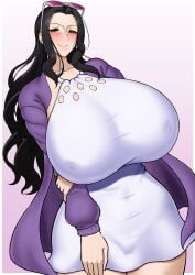 1girls big_breasts black_hair blush dress glasses gorio huge_breasts long_hair nico_robin nipples nipples_visible_through_clothing one_piece smile thick_thighs tight_clothing wide_hips