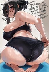 1girls ass ass_focus barefoot big_ass black_hair blush clothed clothing english_text feet female female_only hairbun light-skinned_female light_skin original renata11033 solo speech_bubble sweat text tied_hair