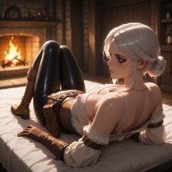 ai_generated back_view bed bedroom boots breasts cd_projekt_red ciri clothing female gloves green_eyes light-skinned_female mascara necklace nipples_visible_through_clothing scar solo solo_female sunny the_witcher_(series) the_witcher_3:_wild_hunt transparent_clothing white_hair