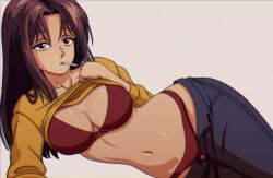 1girls alternate_version_available atsuko_urameshi belly big_breasts blue_pants bottomwear bra breasts brown_eyes brown_hair cigarette cleavage clothing female female_only hair hips jeans kyde long_hair mature mature_female mature_woman milf mother panties pants pants_down red_bra red_panties shirt shirt_lift smoke solo solo_female topwear unbuttoned_pants yellow_shirt yu_yu_hakusho