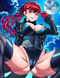 4k ai_generated ass atlus cameltoe cleavage clouds female female_only from_below full_moon gloves high_quality high_resolution highres jacket large_breasts legs_apart legs_spread long_hair looking_at_viewer looking_down night persona persona_5 persona_5_royal ponytail red_eyes red_gloves ribbon seductive seductive_eyes seductive_pose seductive_smile sega smirking_at_viewer spread_legs squatting sumire_yoshizawa thighhighs vermadis2x