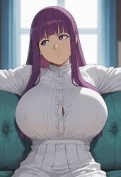 1girls about_to_burst ai_generated annoyed annoyed_expression big_breasts blunt_bangs breast_focus bursting bursting_breasts bursting_clothes cheek_bulge cleavage clothing couch dress erect_nipples erect_nipples_under_clothes female female_focus female_only fern_(sousou_no_frieren) gown half_updo high_resolution hime_cut huge_breasts large_breasts long_dress long_hair long_sleeves looking_away looking_to_the_side malfunction matching_hair/eyes nipples nipples_visible_through_clothing no_bra no_bra_under_clothes ozyvan pinup pout pouting purple_eyes purple_hair sitting sitting_on_couch solo sousou_no_frieren tight_clothing top_heavy top_heavy_breasts upper_body very_long_hair voluptuous voluptuous_female wardrobe_malfunction