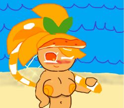 beach blush blushing_female caramelpearl_(artist) cookie_run cookie_run_kingdom cookie_run_ovenbreak female nude orange_cookie orange_eyes orange_hair tagme tennis_racket