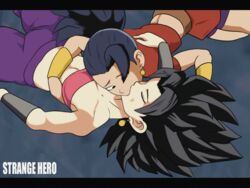 2girls animated black_eyes black_hair breasts caulifla dragon_ball dragon_ball_super female female_only kale kissing light-skinned_female light_skin long_hair makeout multiple_girls saiyan spiky_hair strangehero tongue yuri