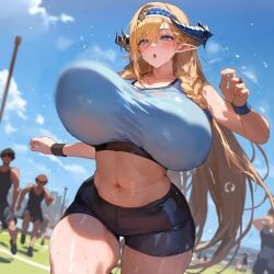 1girls :o ai_generated alteryors arknights blonde_hair blue_eyes blush bouncing_breasts braid breasts fat_tits focused gigantic_breasts horns huge_breasts hypergryph large_breasts light-skinned_female midriff novelai running saileach_(arknights) shiny_skin solo sports_bra sportswear sweat t-shirt tummy voluptuous vouivre wet wet_body wide_hips