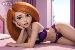 1girls ai_generated arm_support bed bedroom bow bow_panties bra breasts cleavage curtains day disney disney_channel female green_eyes hand_on_own_cheek hand_on_own_face head_rest hi_res indoors kim_possible kimberly_ann_possible lingerie lips long_hair looking_at_viewer lying medium_breasts navel on_bed on_side open_mouth orange_hair panties pillow purple_bra purple_panties r34arts red_hair smile solo underwear underwear_only window