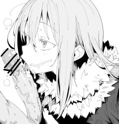 1boy after_fellatio cum eyelashes fellatio female fur_trim greyscale henyaan_(oreizm) highres large_penis licking licking_penis long_hair male monochrome oral penis rimuru_tempest sidelocks simple_background squeans straight tensei_shitara_slime_datta_ken tongue tongue_out white_background