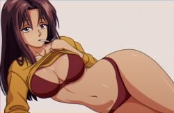 1girls alternate_version_available atsuko_urameshi belly big_breasts bottomwear bra breasts brown_eyes brown_hair cigarette cleavage clothing female female_only hair hips kyde long_hair mature mature_female mature_woman milf mother panties red_bra red_panties shirt shirt_lift smoke solo solo_female thighs topwear yellow_shirt yu_yu_hakusho