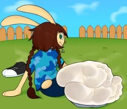 5_toes anthro ass big_feet braided_hair brown_hair camo camo_clothing camo_print clothed clothing denim denim_bottomwear denim_clothing denim_shorts dirty_socks eyebrows feet foot_fetish foot_focus fur green_eyes hair humanoid_feet konami mimi_(pop'n_music) musk outside shirt shoes shoes_removed smile socks soles solo squiggle_mouth steam tan_body tan_fur tan_skin toes topwear twistedfurby wrinkled_feet wrinkles