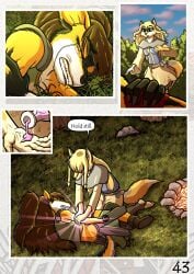 absurd_res anthro blonde_hair blue_eyes brown_hair canid canine canis comic domestic_dog fantasy female fox fur german_spitz grace_o'malley hair hi_res large_spitz long_hair madlaine_mckraven magic mammal medieval red_eyes spitz the_quest_for_quests tqfq white_body white_fur yellow_body yellow_fur zaiksmckraven